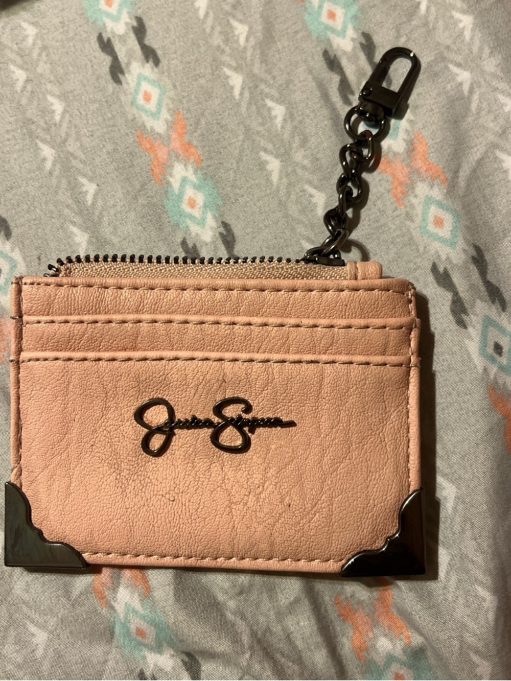 Jessica Simpson Peach Card Case Keychain with Gunmetal Hardware